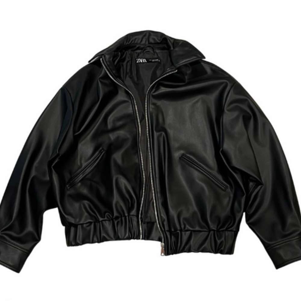Zara Black Faux Leather Bomber Jacket